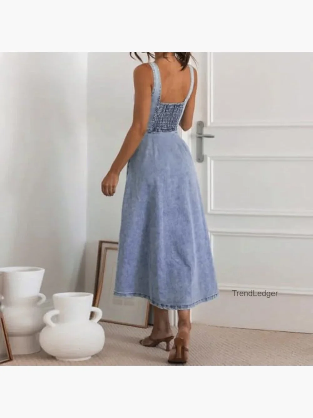 Sleeveless Button Down Slim Fit Midi Jean Dress A-Line - Picture 6 of 7
